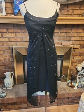 Vintage Goth Whimsigoth Dark Romantic Black Midi Dress Sheer Panels Small Beaded